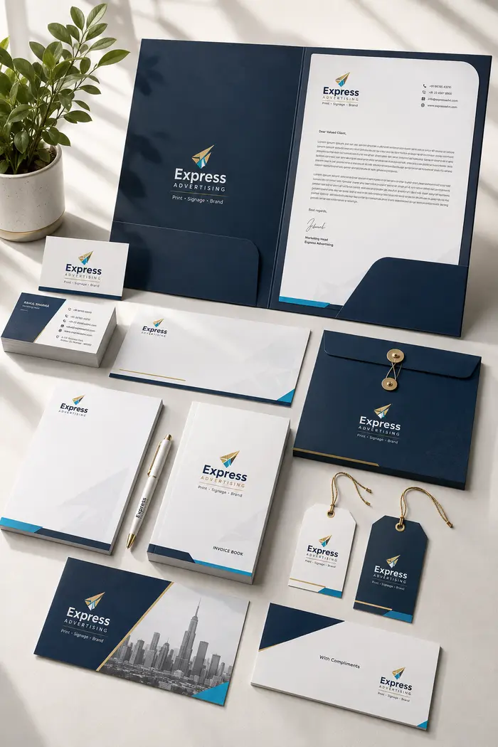 Express Advertising brand collateral — stationery suites and printed profiles